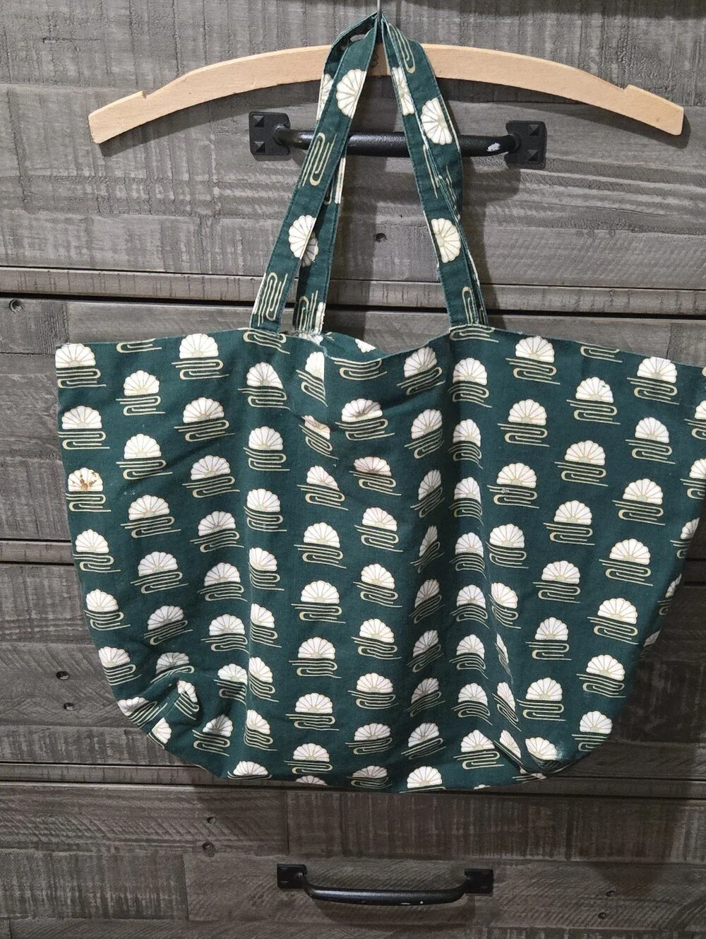Handmade Green Art Deco Fan Print Tote Bag Cotton Lined Market Beach Bag